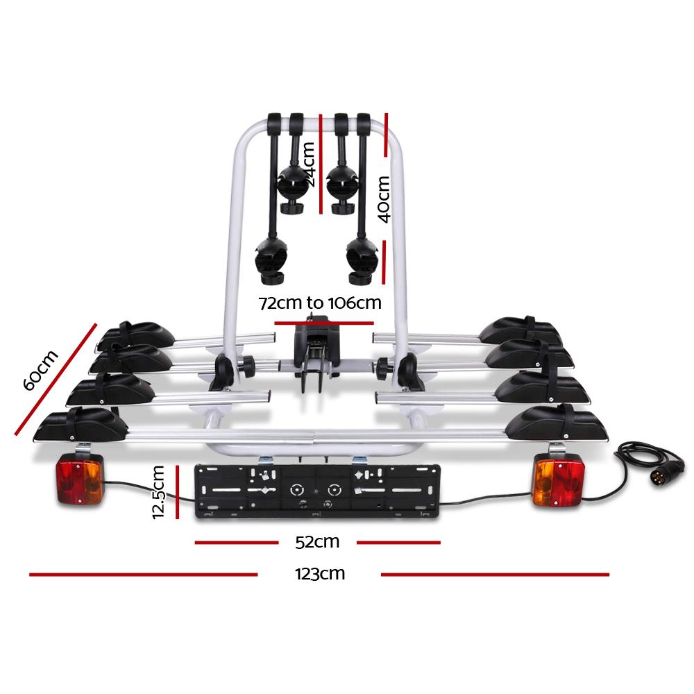 Giantz Tow Ball Car Mount in black and silver, designed to carry up to 4 bikes securely with robust steel and aluminum construction.